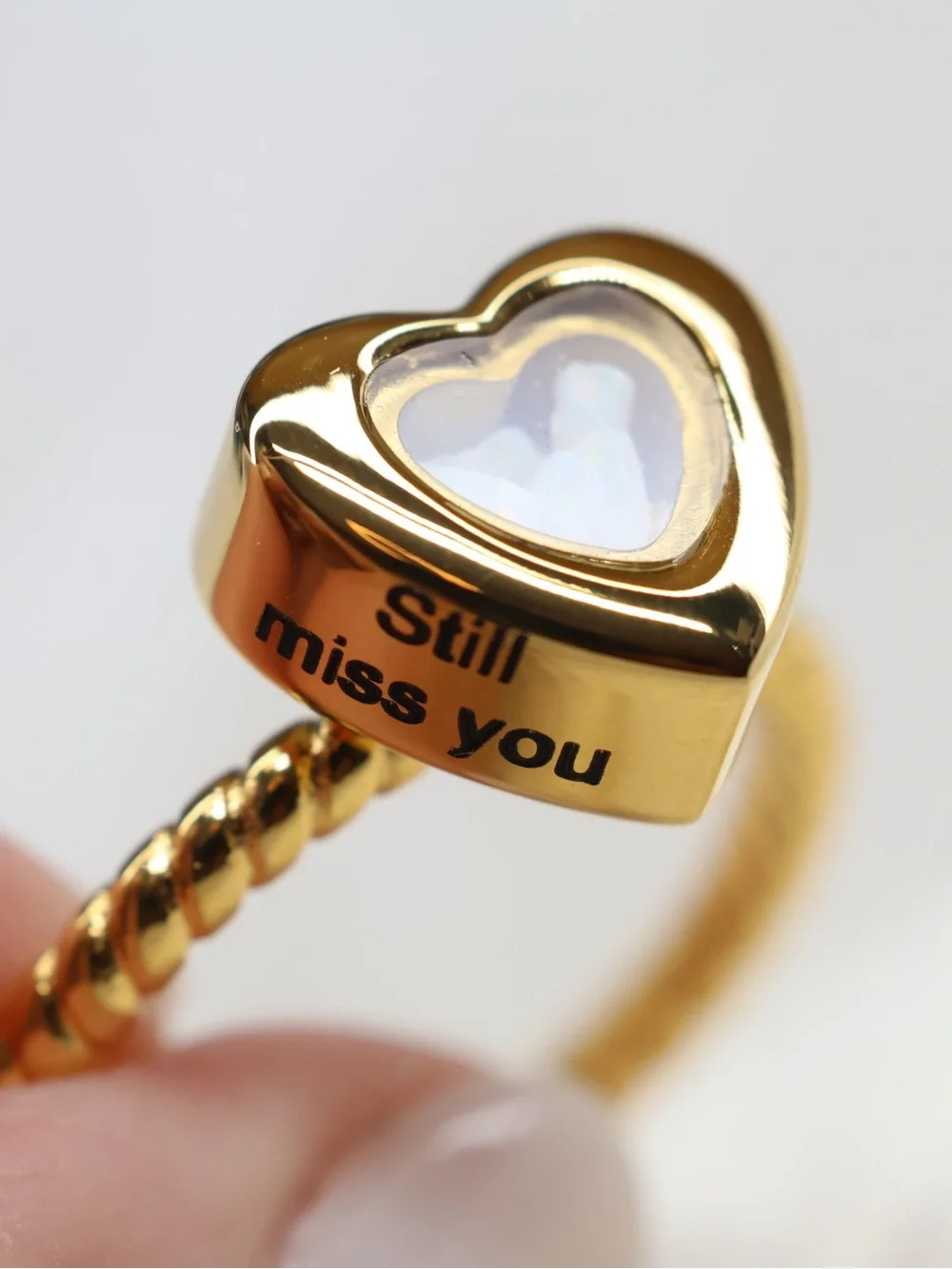 NWT Urn Ring, Gold Heart Ring with Opal-Look Inset - Still miss you Engraved Ash